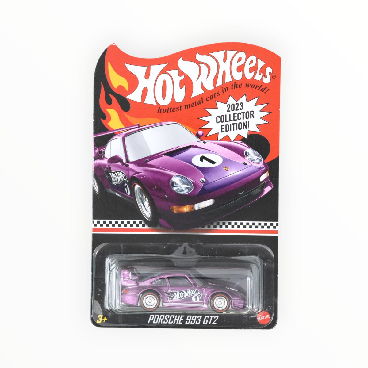 Hot Wheels 2023 Collector Edition Porsche 993 GT2 — Spectraflame rubine red, purple stripe, #1 livery (HKL69)