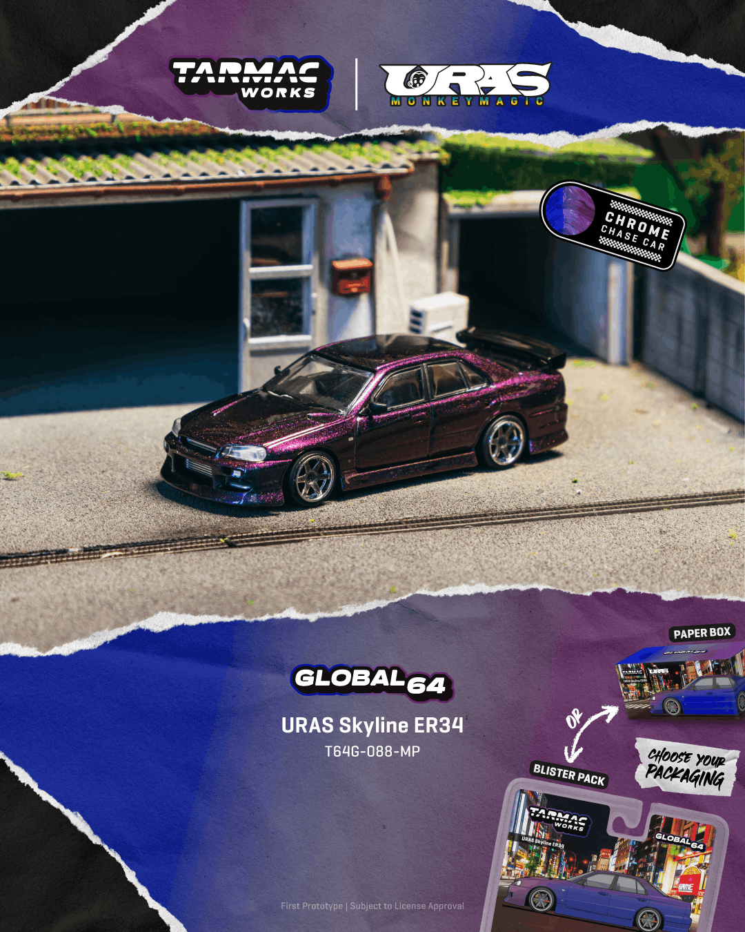 Tarmac Works Global64 — URAS Nissan Skyline ER34 (Midnight Purple)